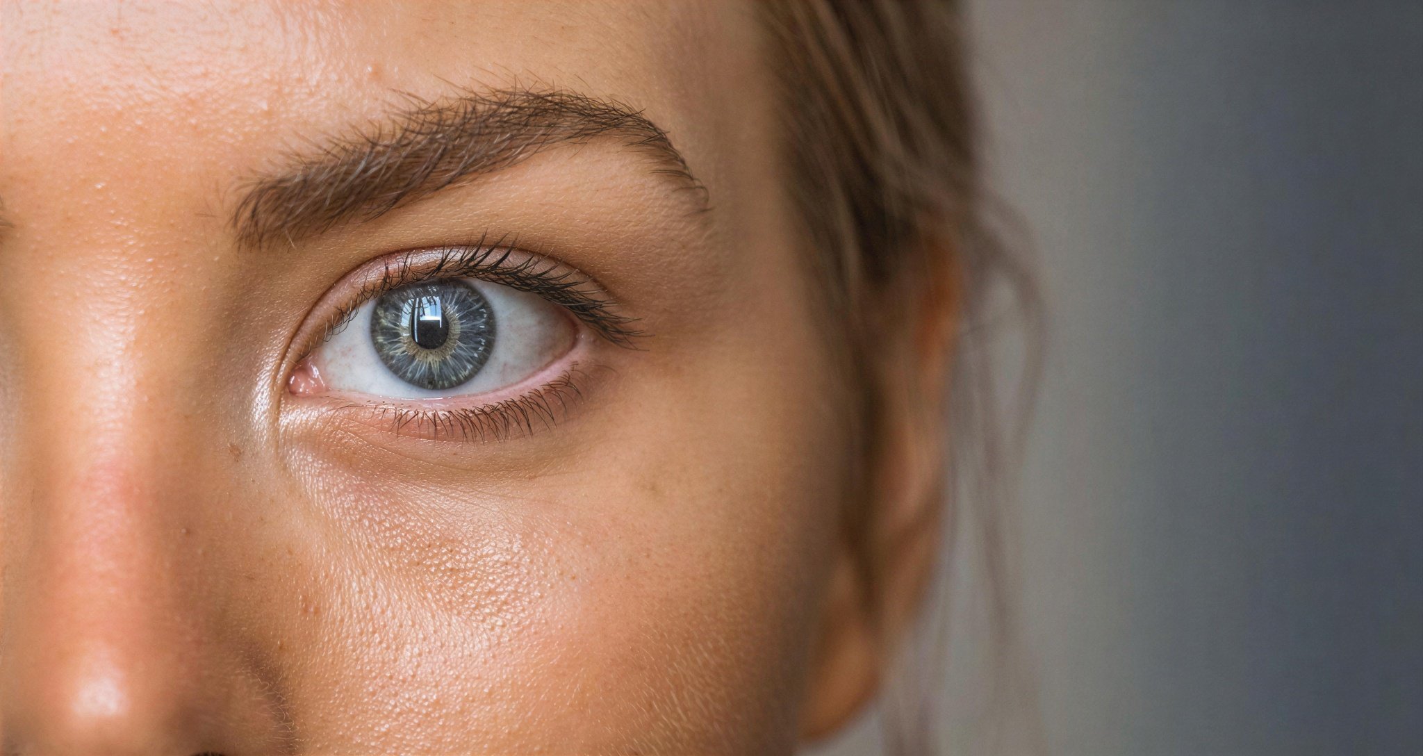 A crystal-clear, high-resolution close-up of an eye, showing sharp iris and skin texture details, after AI enhancement.